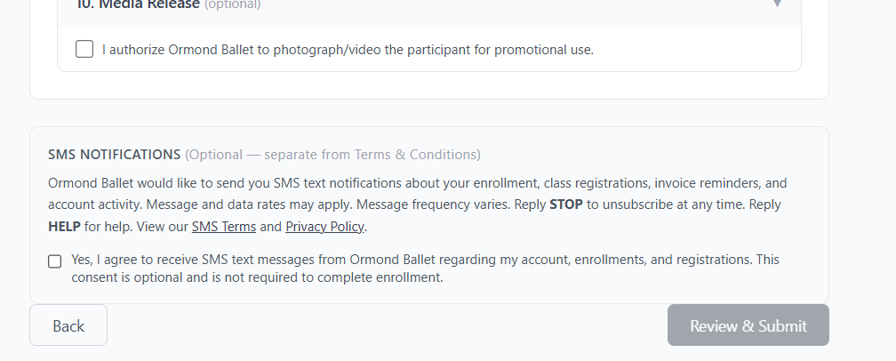 Screenshot of the SMS consent section in the Ormond Ballet enrollment form, showing an unchecked optional checkbox with full disclosures